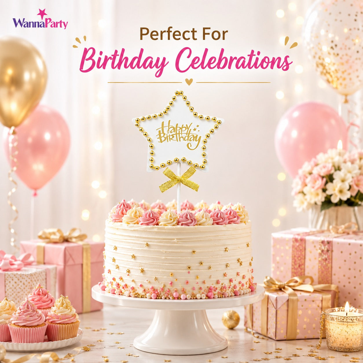 Birthday Star Cake Topper, White & Gold Star Design with Bead Border & Bow | Birthday Cake Decoration Kit for Kids, Adults, Party Cakes & Dessert Table – 1PC