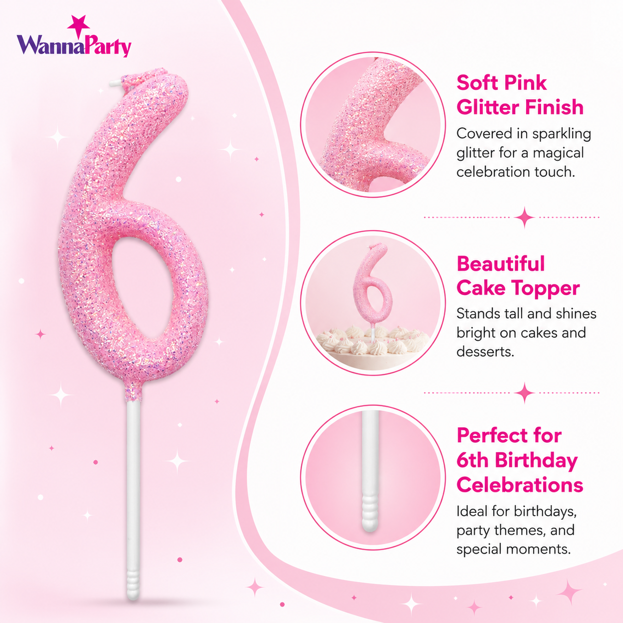 Glitter Designer Pink Candle Number 6 | Cake Candles