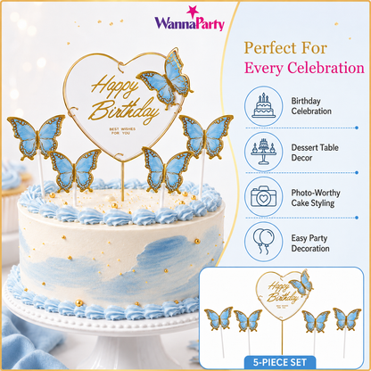 Happy Birthday Cake Topper with Blue Butterflies - 5PC