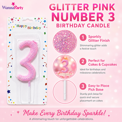 Glitter Designer Pink Candle Number 3 | Cake Candles