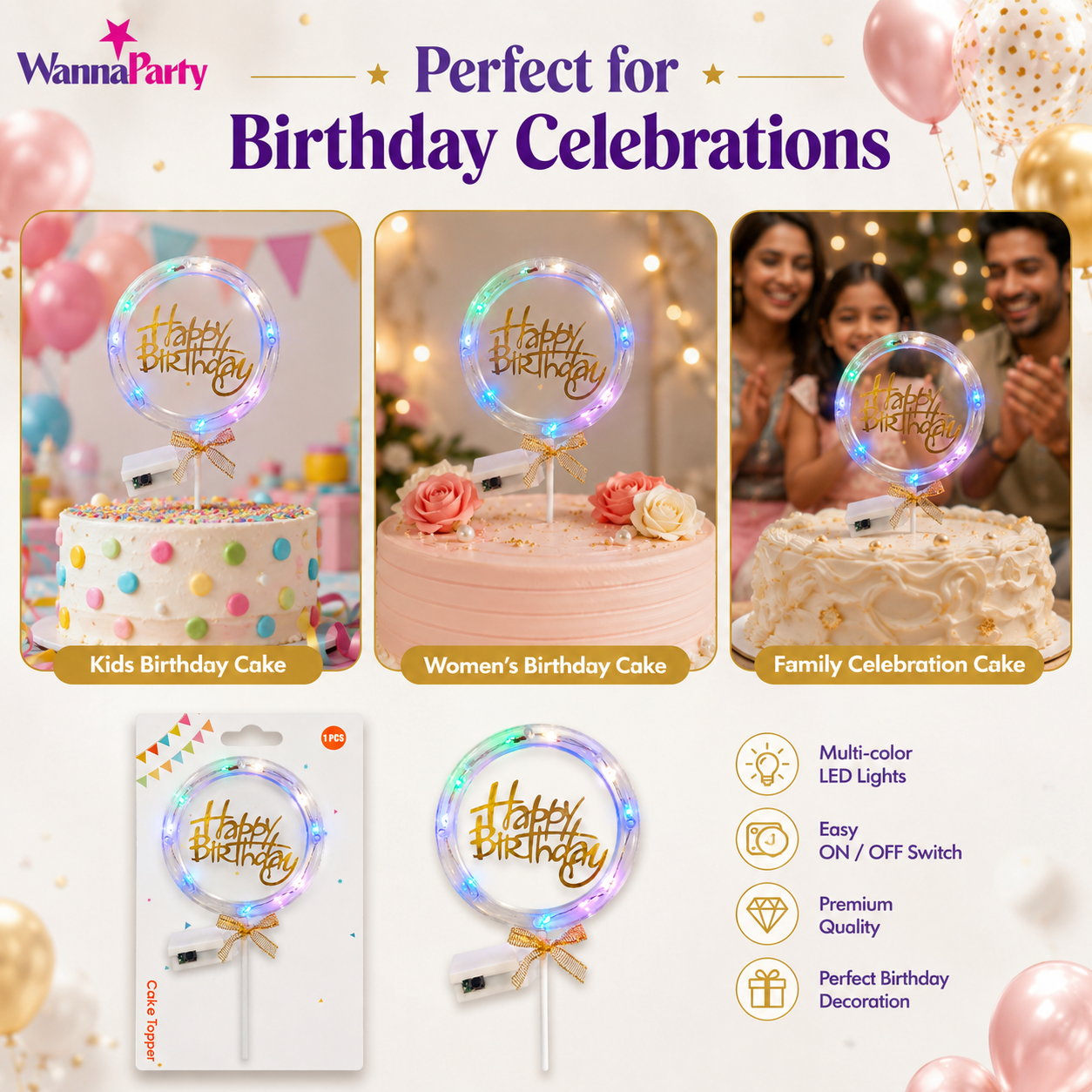 Happy Birthday LED Cake Topper, Transparent Round Cake Decoration with Gold Text, Built-In Light String & Bow for Birthday Party, Cakes, Cupcakes & Dessert Table – 1PC