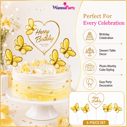 Happy Birthday Cake Topper with Yellow Butterflies - 5PC