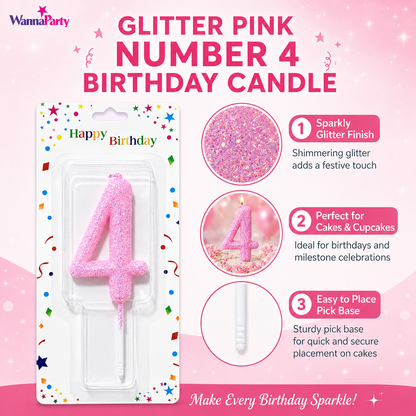 Glitter Designer Pink Candle Number 4 | Cake Candles