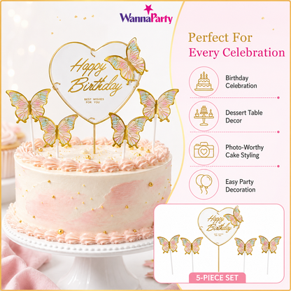 Happy Birthday Cake Topper with Multicolor Butterflies - 5PC