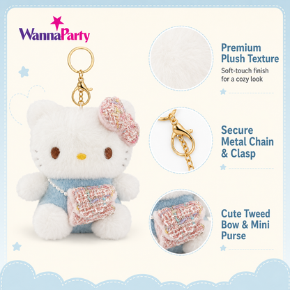 Pink Hello Kitty Plushy Key Chain | Cute Kawaii Pink Cat Plush Keychain | Soft Bag Charm with Blue Bow & Mini Purse, Gold Metal Chain for Backpack, Handbag, Keys, Birthday Return Gift & Party Favor – 1PC
