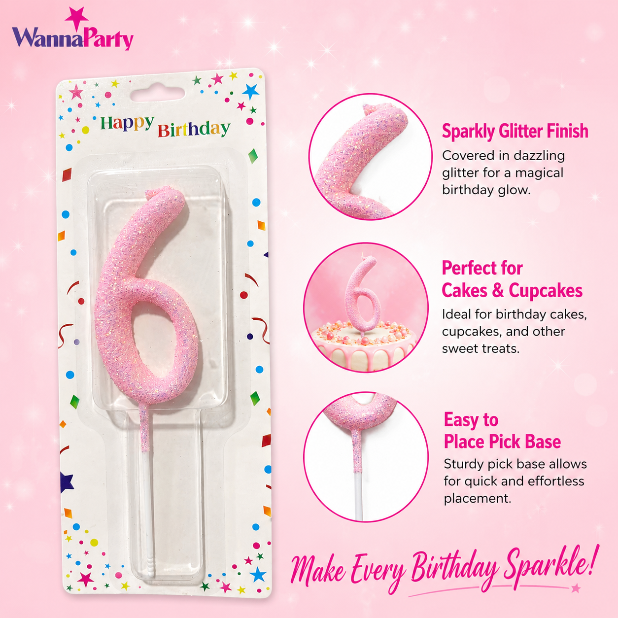 Glitter Designer Pink Candle Number 6 | Cake Candles