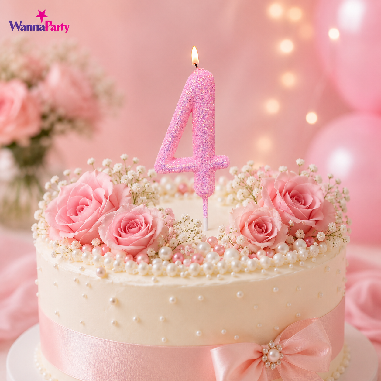 Glitter Designer Pink Candle Number 4 | Cake Candles