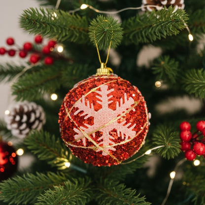 Christmas Tree Ornaments Red Ball with Snow Flakes - Set of 2