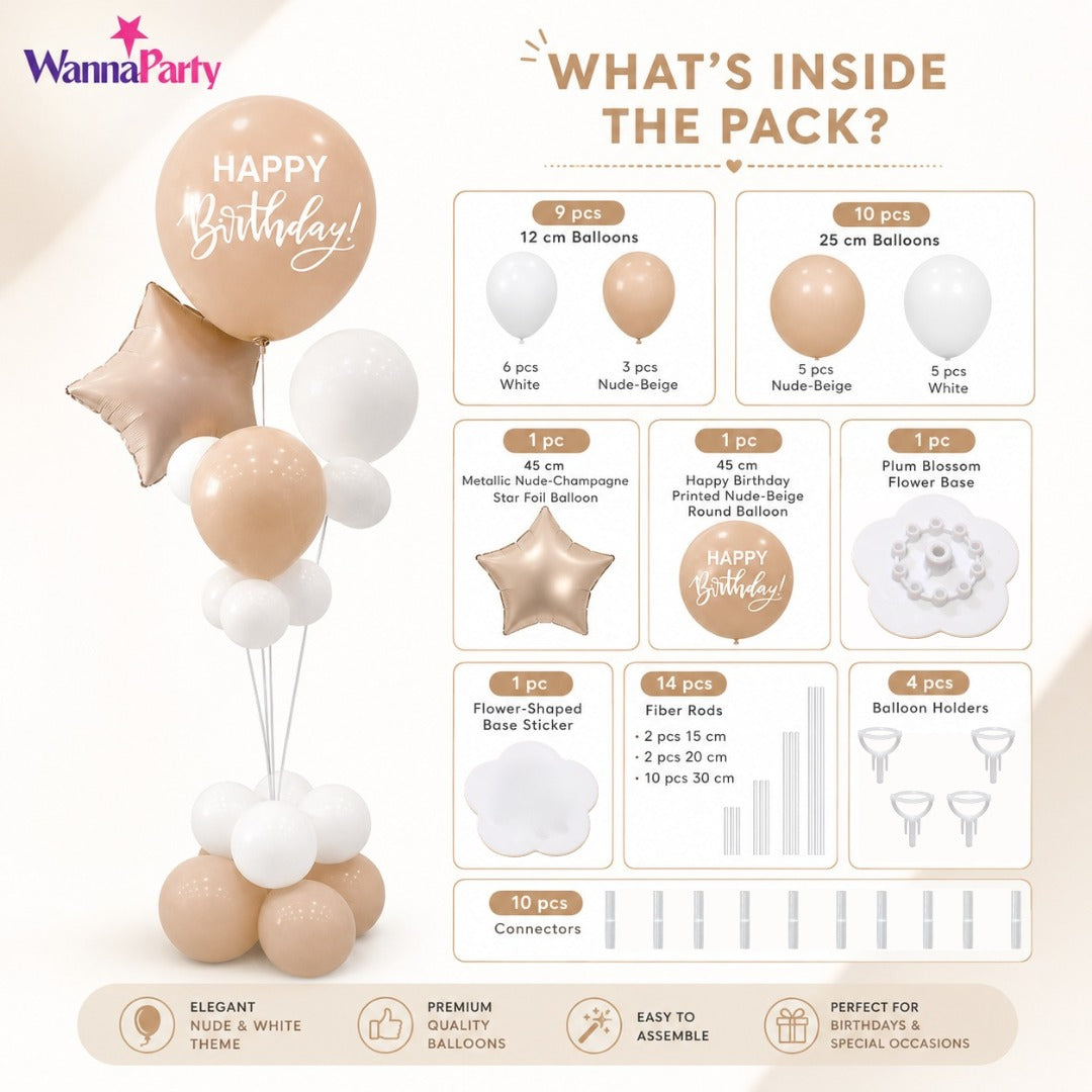 Apricot & White Retro Happy Birthday Balloon Bouquet Stand Set -  21 Pcs | Balloons with Plum Blossom Base, Holder & Fiber Rods | Birthday Table Centerpiece Decoration for Kids Adults Party - 1 Set