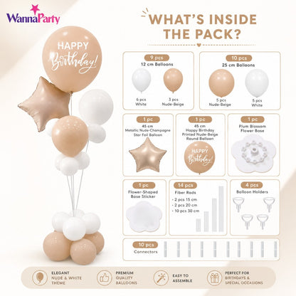 Apricot & White Retro Happy Birthday Balloon Bouquet Stand Set -  21 Pcs | Balloons with Plum Blossom Base, Holder & Fiber Rods | Birthday Table Centerpiece Decoration for Kids Adults Party - 1 Set