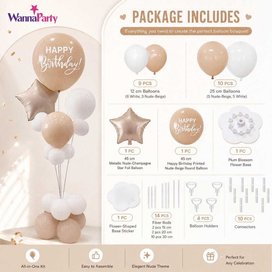 Apricot & White Retro Happy Birthday Balloon Bouquet Stand Set -  21 Pcs | Balloons with Plum Blossom Base, Holder & Fiber Rods | Birthday Table Centerpiece Decoration for Kids Adults Party - 1 Set