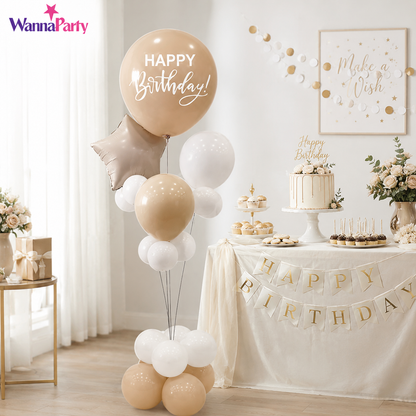 Apricot & White Retro Happy Birthday Balloon Bouquet Stand Set -  21 Pcs | Balloons with Plum Blossom Base, Holder & Fiber Rods | Birthday Table Centerpiece Decoration for Kids Adults Party - 1 Set