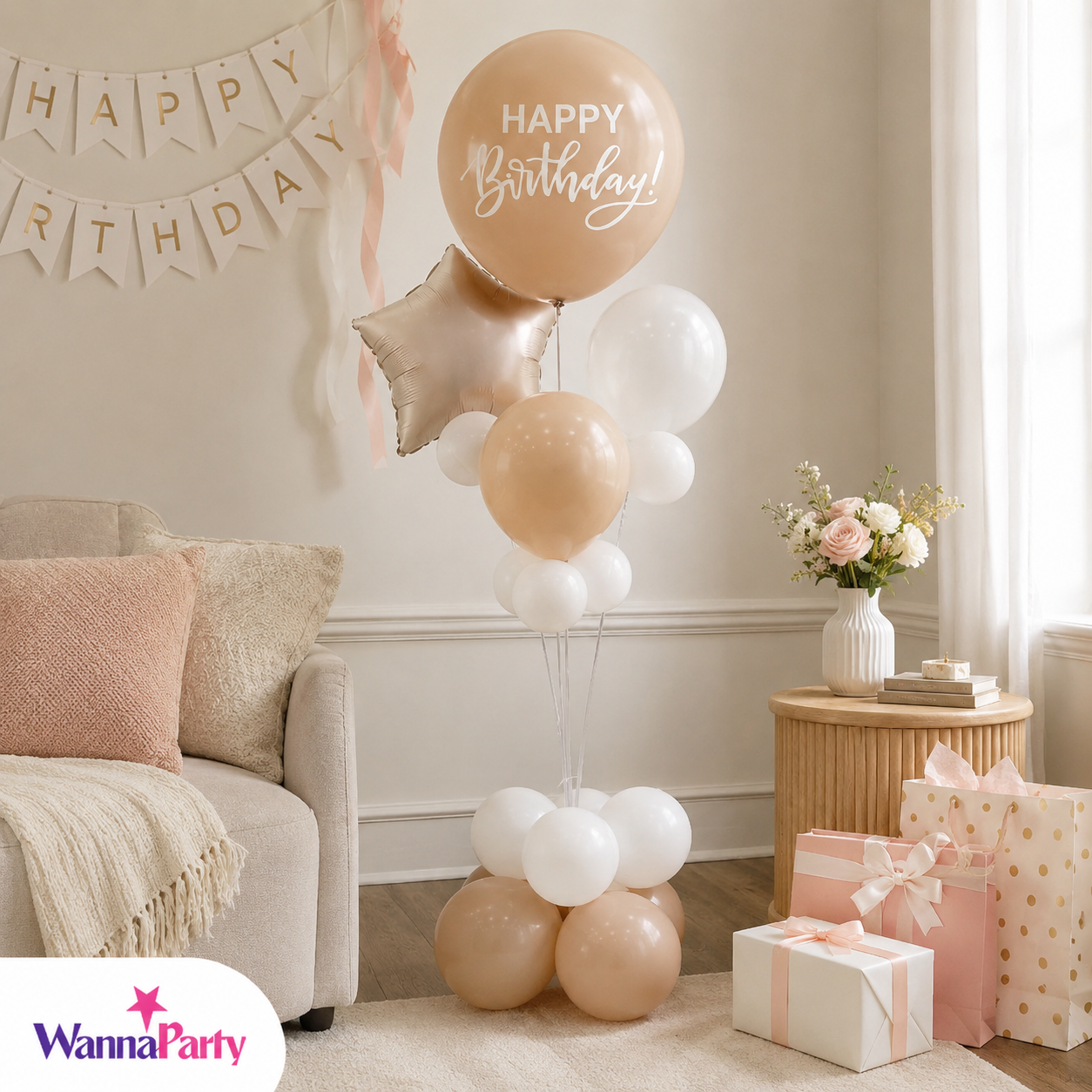 Apricot & White Retro Happy Birthday Balloon Bouquet Stand Set -  21 Pcs | Balloons with Plum Blossom Base, Holder & Fiber Rods | Birthday Table Centerpiece Decoration for Kids Adults Party - 1 Set