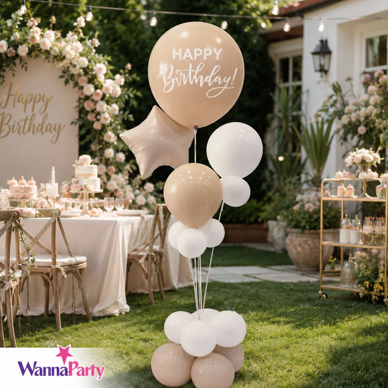 Apricot & White Retro Happy Birthday Balloon Bouquet Stand Set -  21 Pcs | Balloons with Plum Blossom Base, Holder & Fiber Rods | Birthday Table Centerpiece Decoration for Kids Adults Party - 1 Set