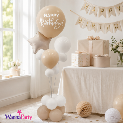 Apricot & White Retro Happy Birthday Balloon Bouquet Stand Set -  21 Pcs | Balloons with Plum Blossom Base, Holder & Fiber Rods | Birthday Table Centerpiece Decoration for Kids Adults Party - 1 Set