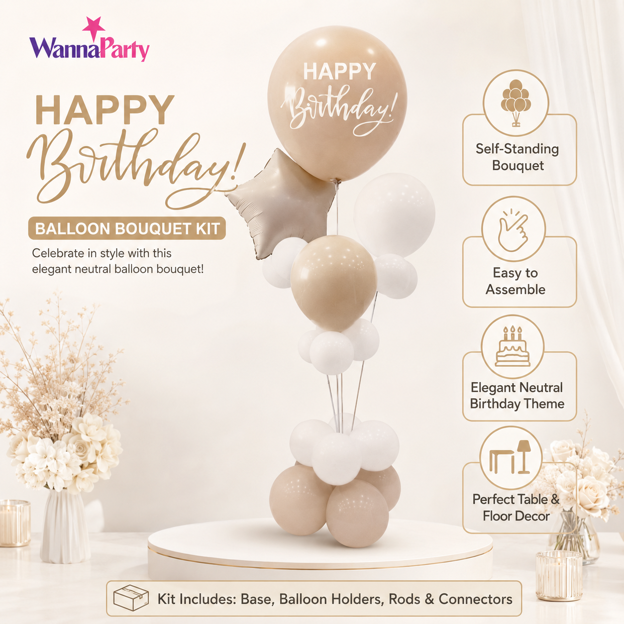 Apricot & White Retro Happy Birthday Balloon Bouquet Stand Set -  21 Pcs | Balloons with Plum Blossom Base, Holder & Fiber Rods | Birthday Table Centerpiece Decoration for Kids Adults Party - 1 Set