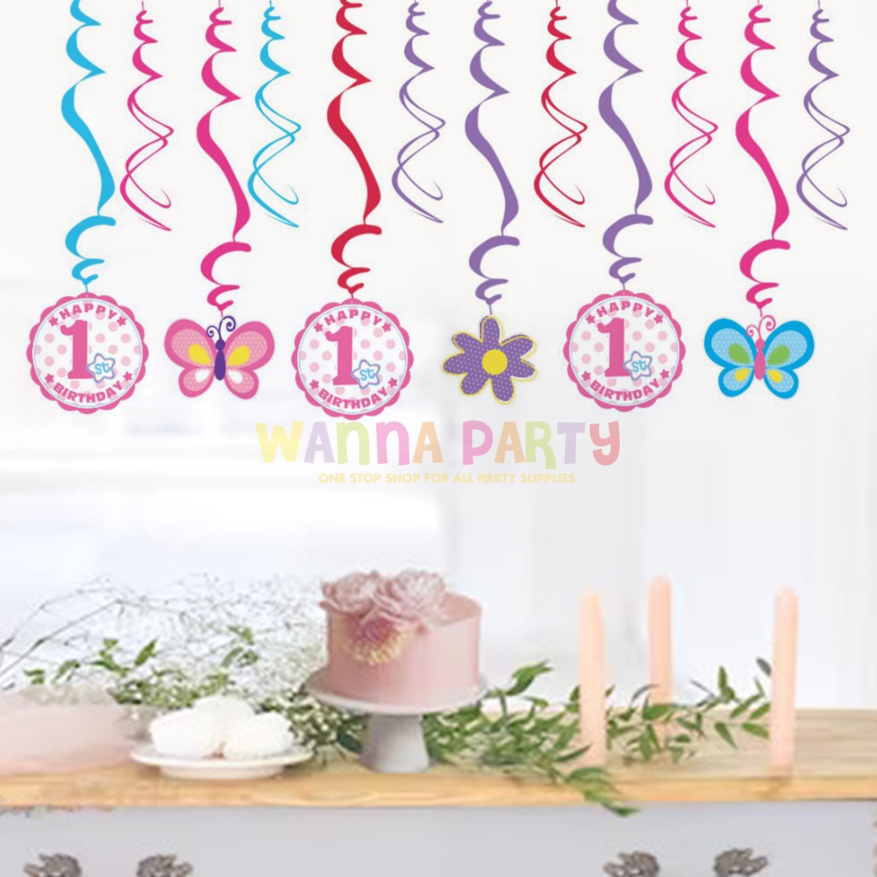 1st Birthday Girl Swirl Decoration - 12PC