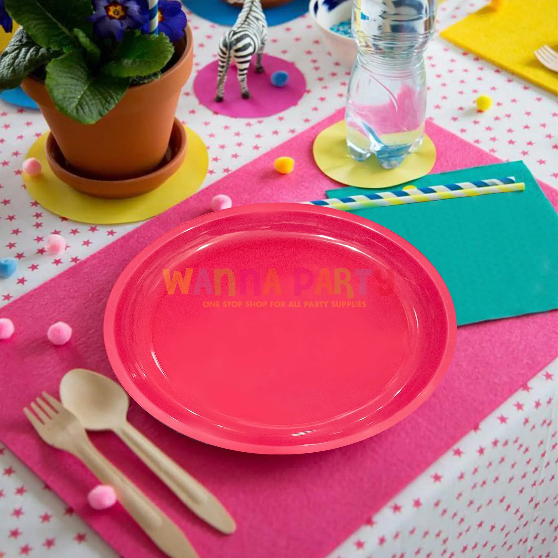 10" Solid Color Hot Pink Round Plates - 6PC