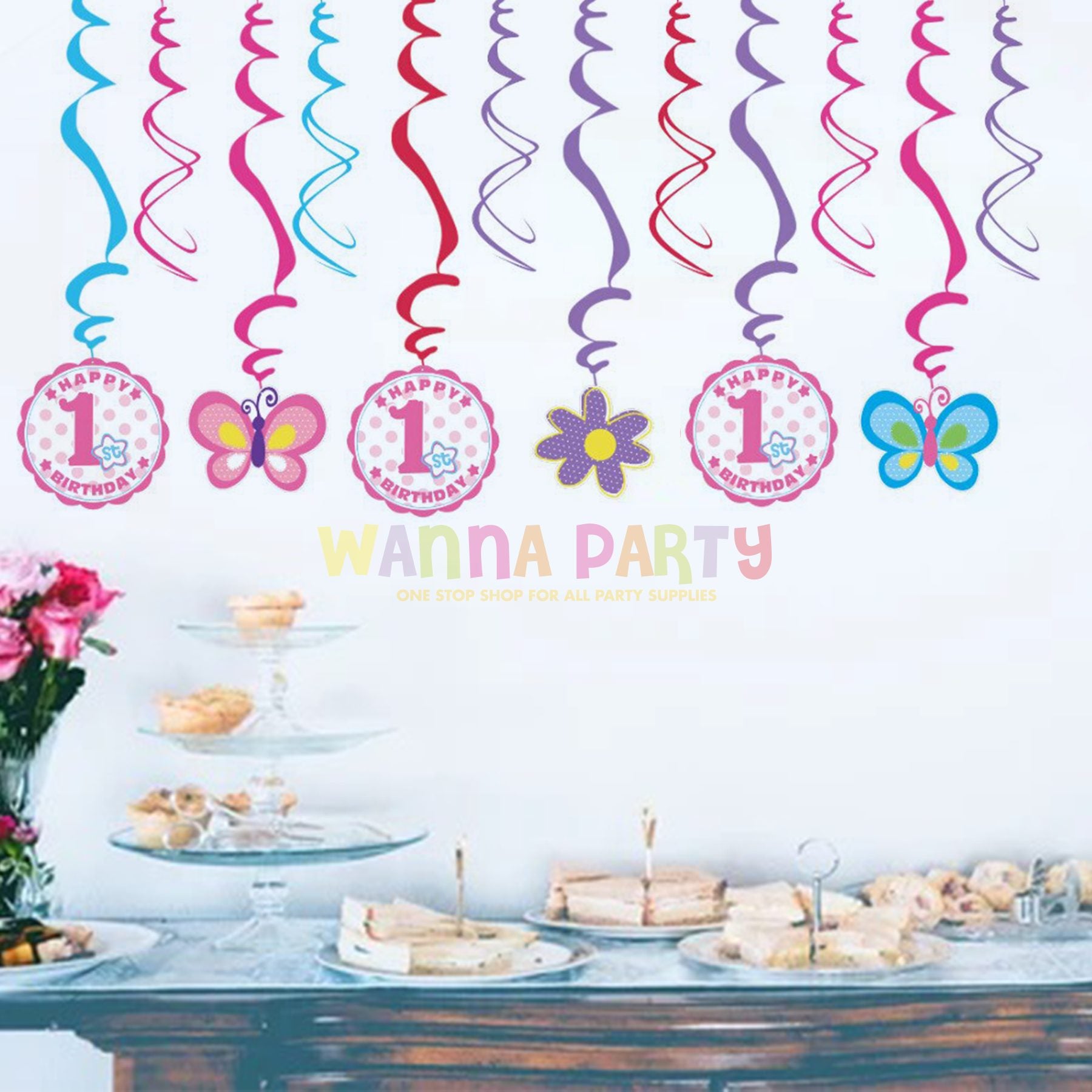 1st Birthday Girl Swirl Decoration - 12PC