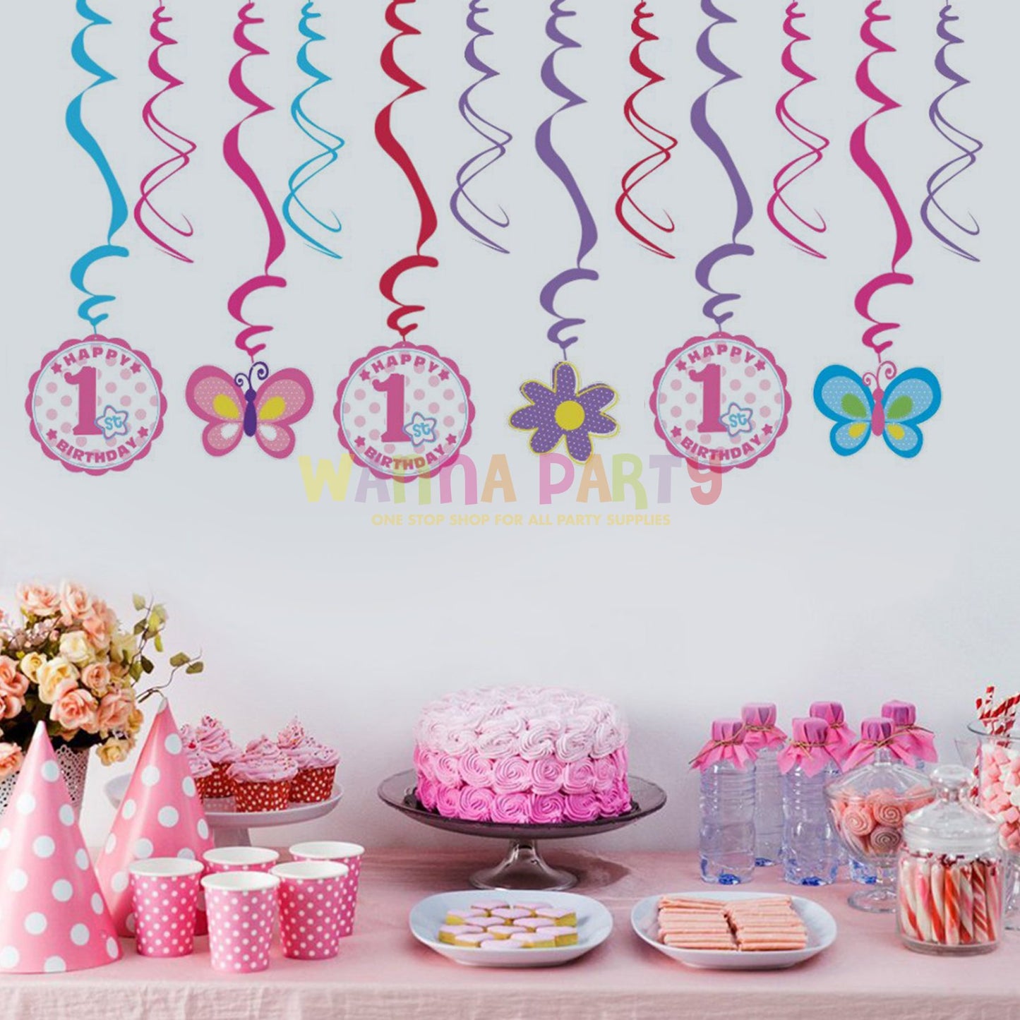 1st Birthday Girl Swirl Decoration - 12PC