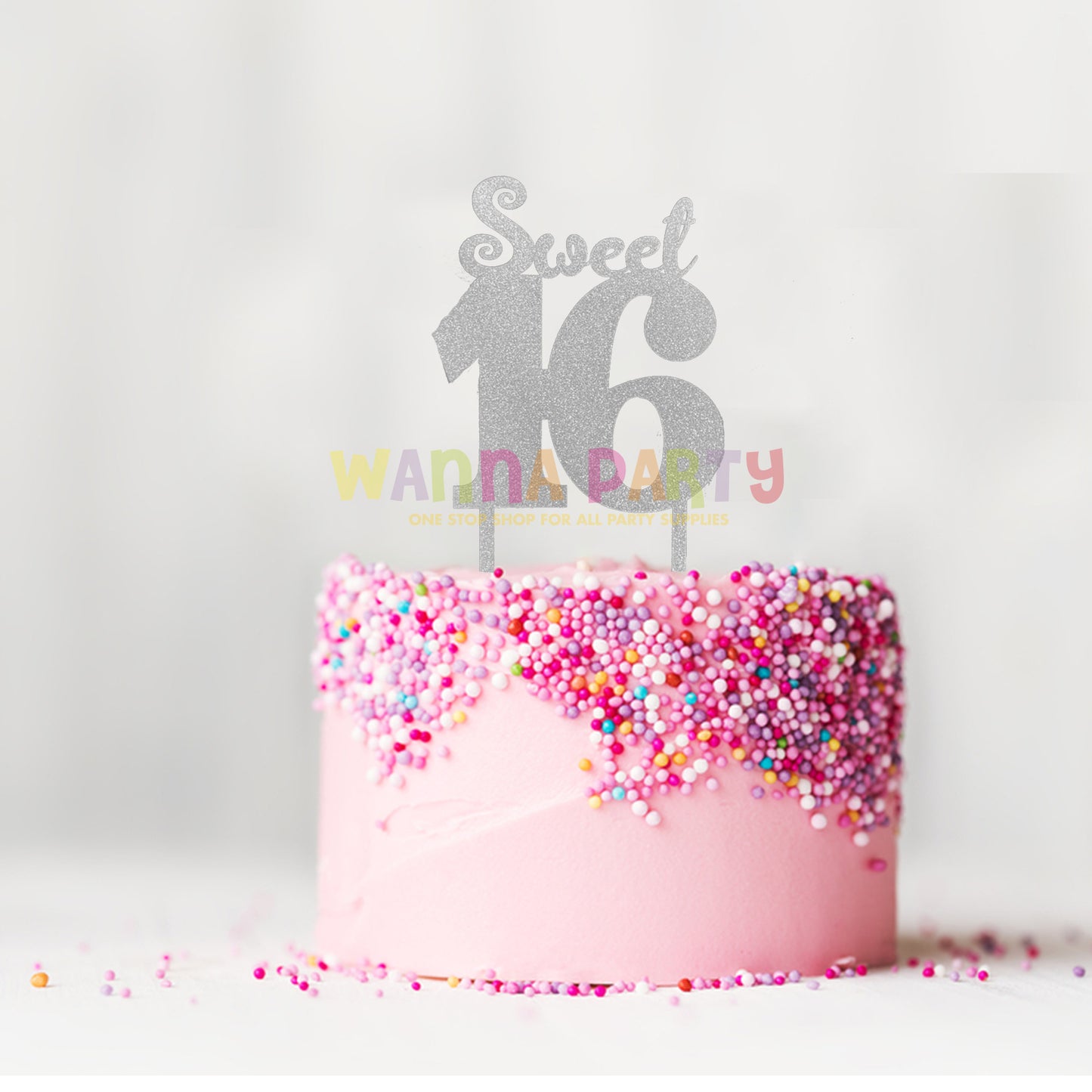 Sweet 16 Acrylic Silver Glitter Cake Topper