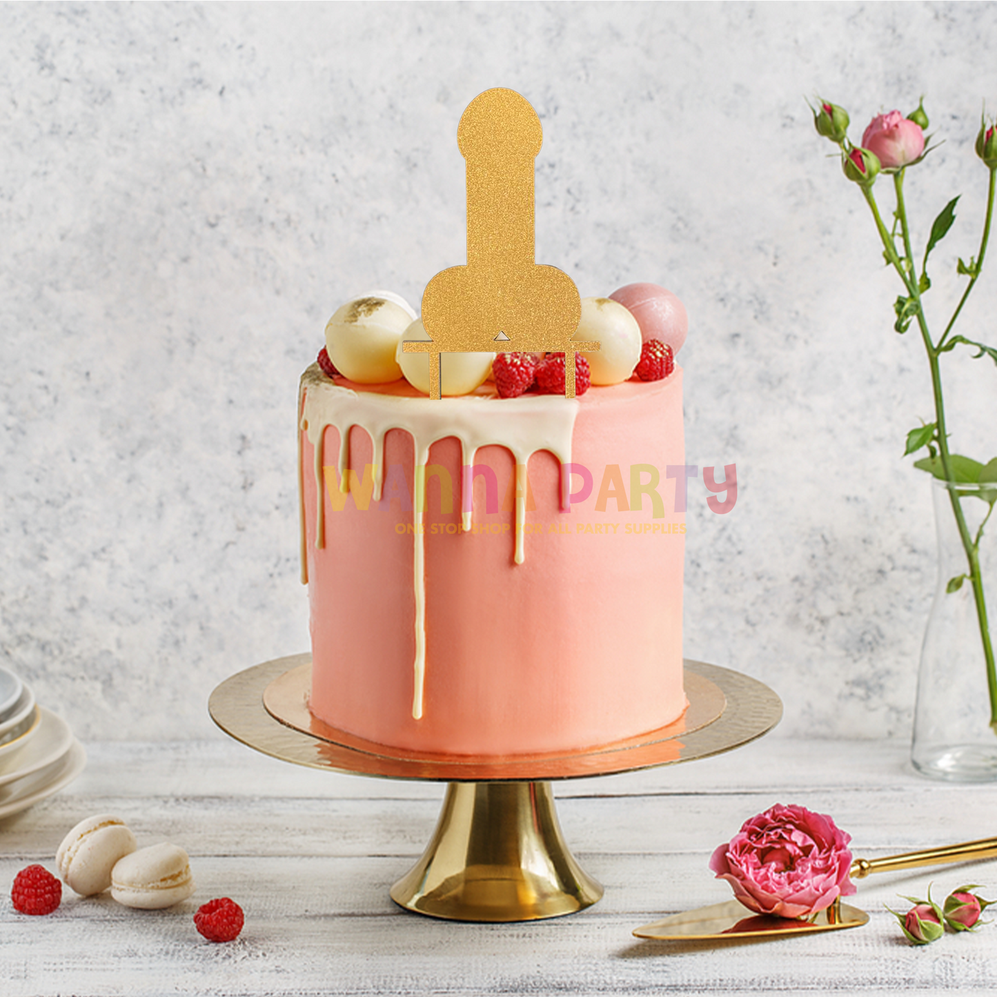 Bachelorette Party Willy Shaped Golden Cake Topper - 1PC