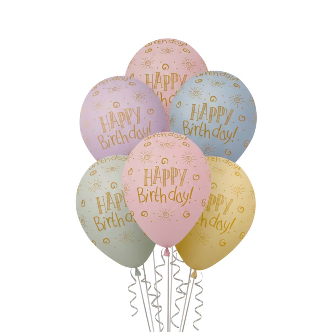 Happy Birthday Rainbow Pastel Colors Printed Balloons Set - Pack of 6