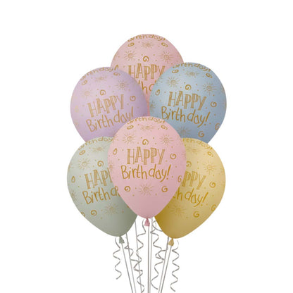 Happy Birthday Rainbow Pastel Colors Printed Balloons Set - Pack of 6