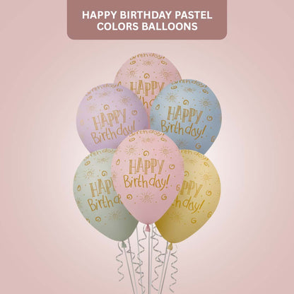 Happy Birthday Rainbow Pastel Colors Printed Balloons Set - Pack of 6