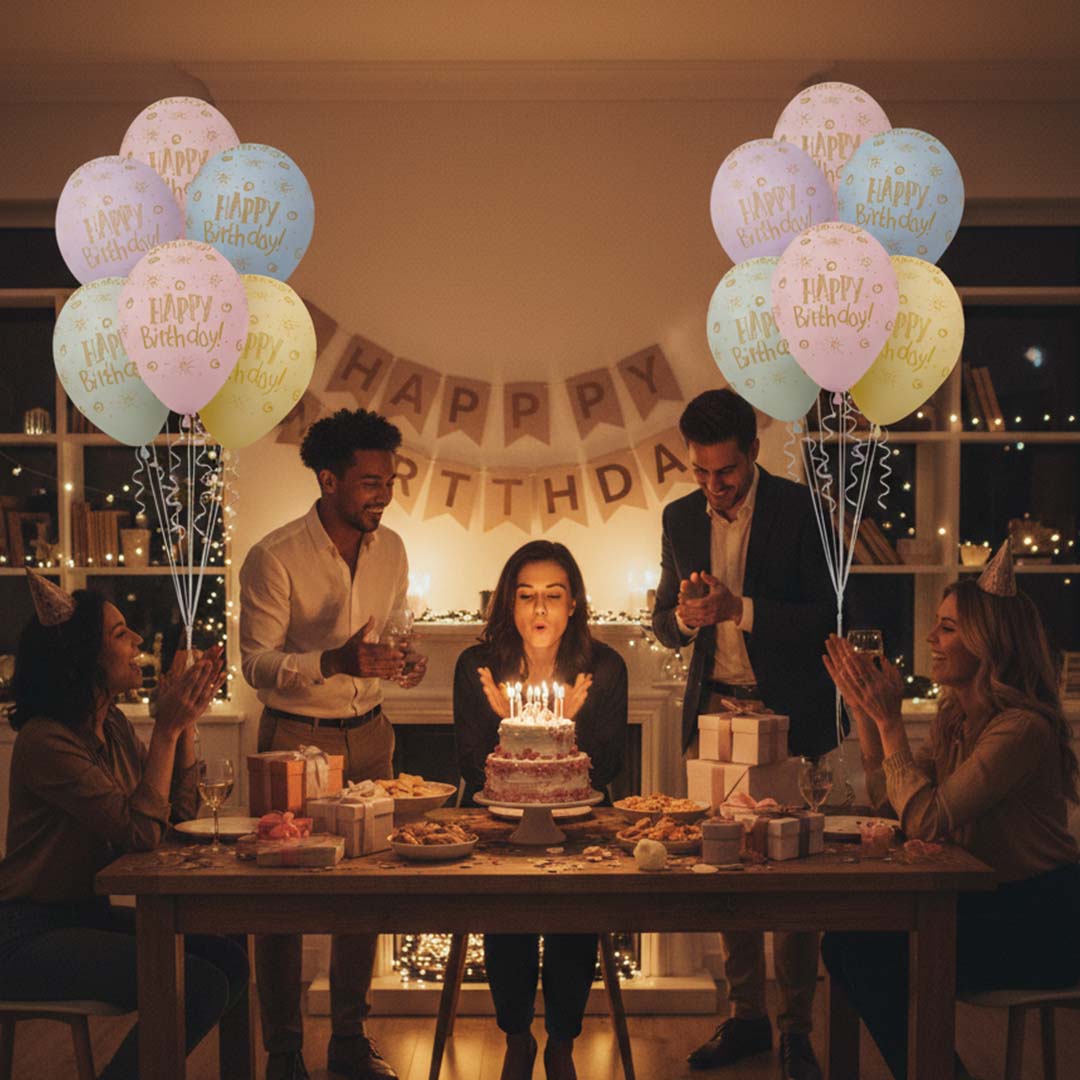 Happy Birthday Rainbow Pastel Colors Printed Balloons Set - Pack of 6