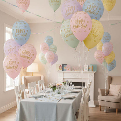 Happy Birthday Rainbow Pastel Colors Printed Balloons Set - Pack of 6
