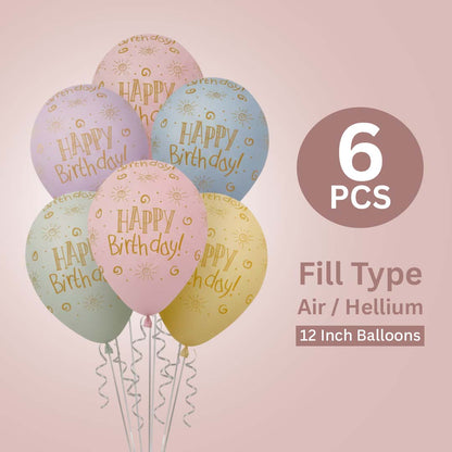 Happy Birthday Rainbow Pastel Colors Printed Balloons Set - Pack of 6