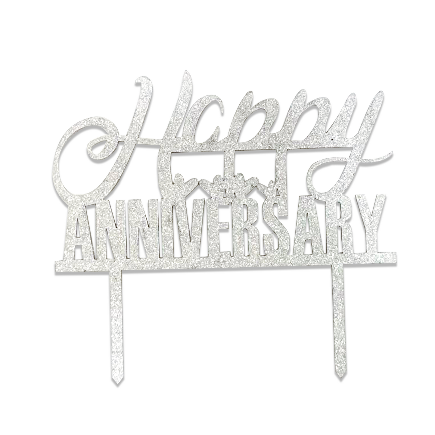 Happy Anniversary Silver Glitter Cake Topper - 1PC