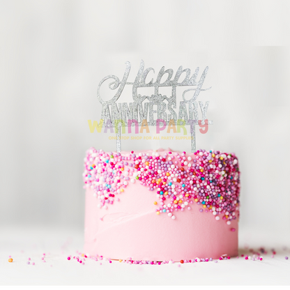 Happy Anniversary Silver Glitter Cake Topper - 1PC