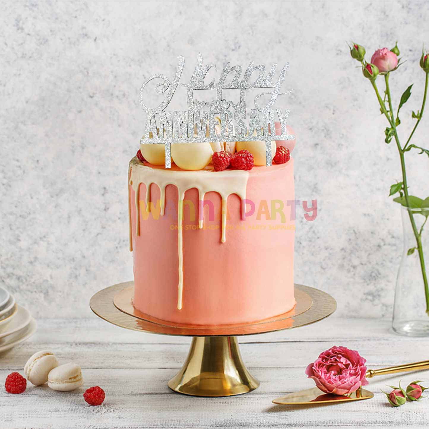Happy Anniversary Silver Glitter Cake Topper - 1PC