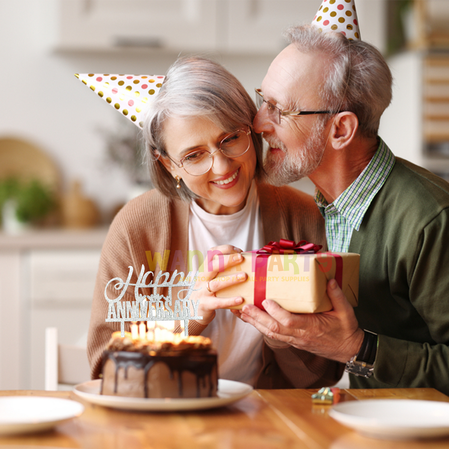 Happy Anniversary Silver Glitter Cake Topper - 1PC