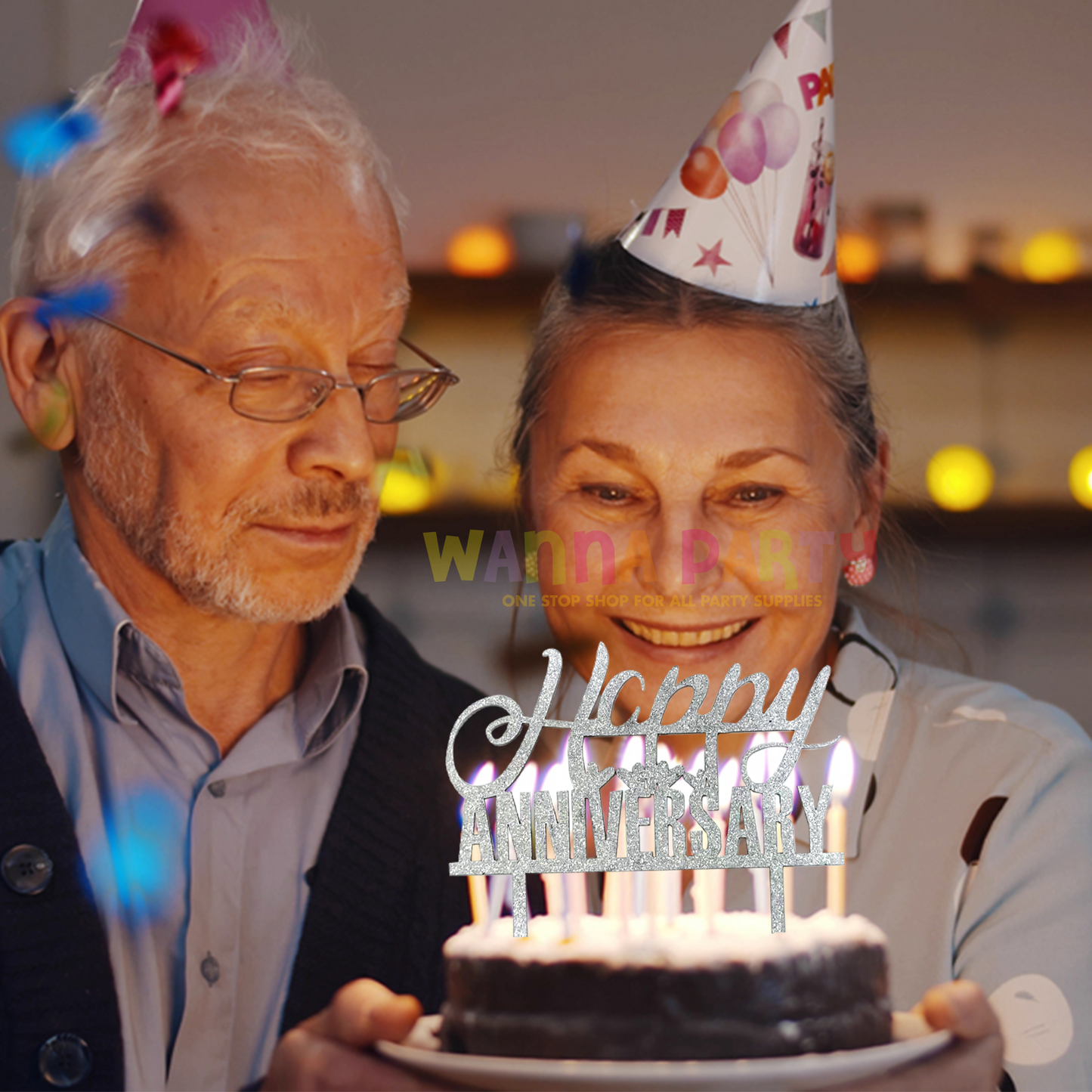 Happy Anniversary Silver Glitter Cake Topper - 1PC