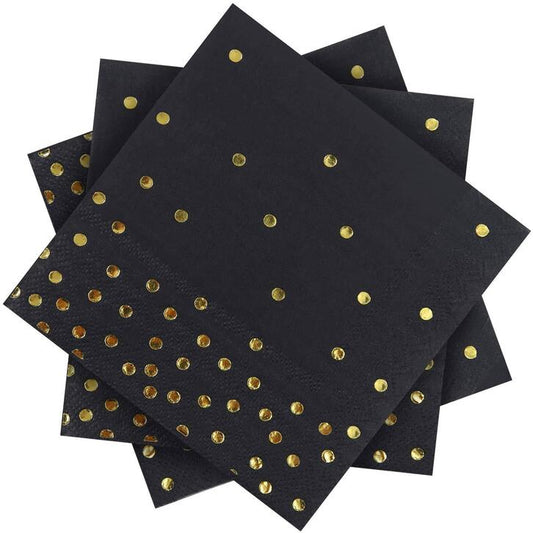 Black Paper Napkins w/Golden Polka Dots - 20PC