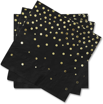 Black Paper Napkins w/Golden Polka Dots - 20PC