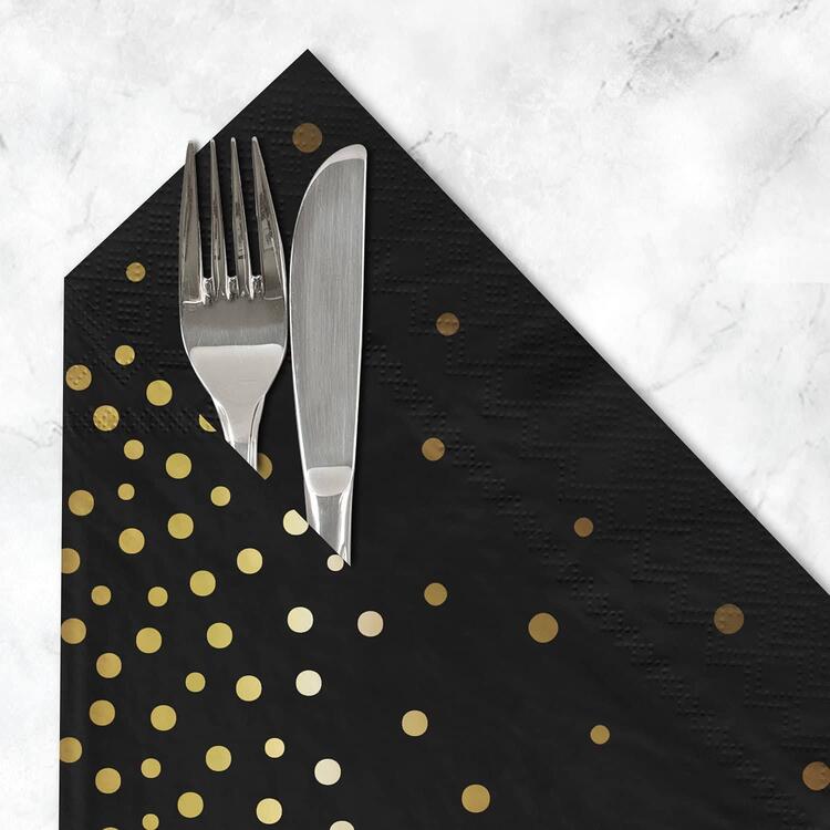 Black Paper Napkins w/Golden Polka Dots - 20PC