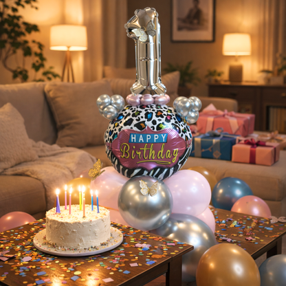 Designer Pink & Silver Balloon Bouquet Arrangement with 3D Butterflies for 1st Birthday