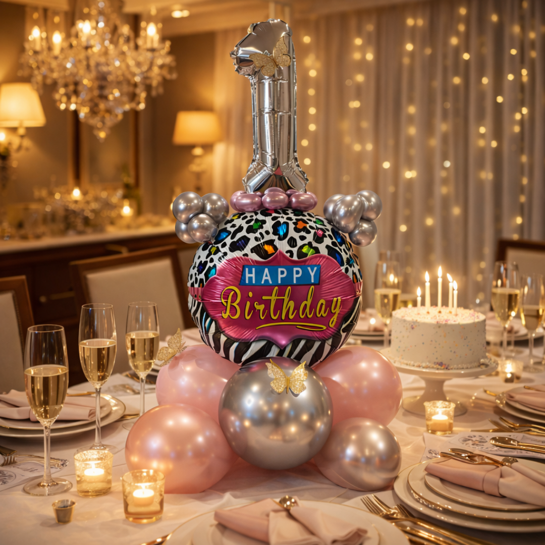 Designer Pink & Silver Balloon Bouquet Arrangement with 3D Butterflies for 1st Birthday