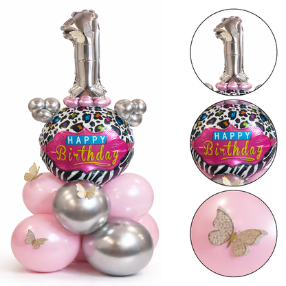 Designer Pink & Silver Balloon Bouquet Arrangement with 3D Butterflies for 1st Birthday