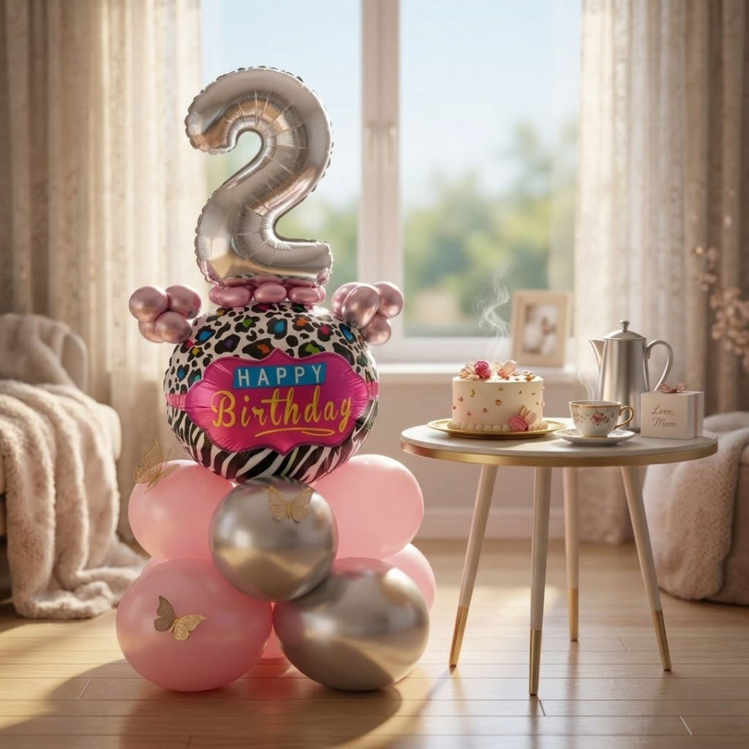 Designer Pink & Silver Balloon Bouquet Arrangement with 3D Butterflies for 2nd Birthday