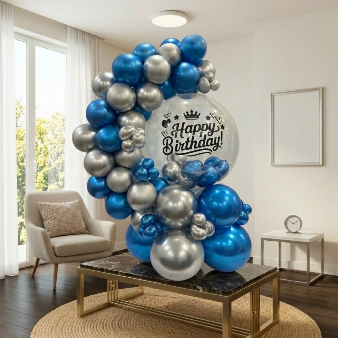 Designer Blue & Silver Latex with Transparent BOBO Air Filled Balloon Bouquet Arrangement for Birthdays