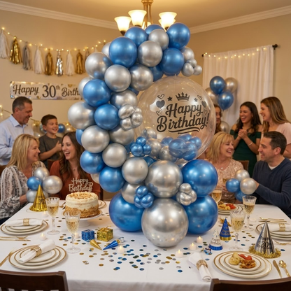 Designer Blue & Silver Latex with Transparent BOBO Air Filled Balloon Bouquet Arrangement for Birthdays