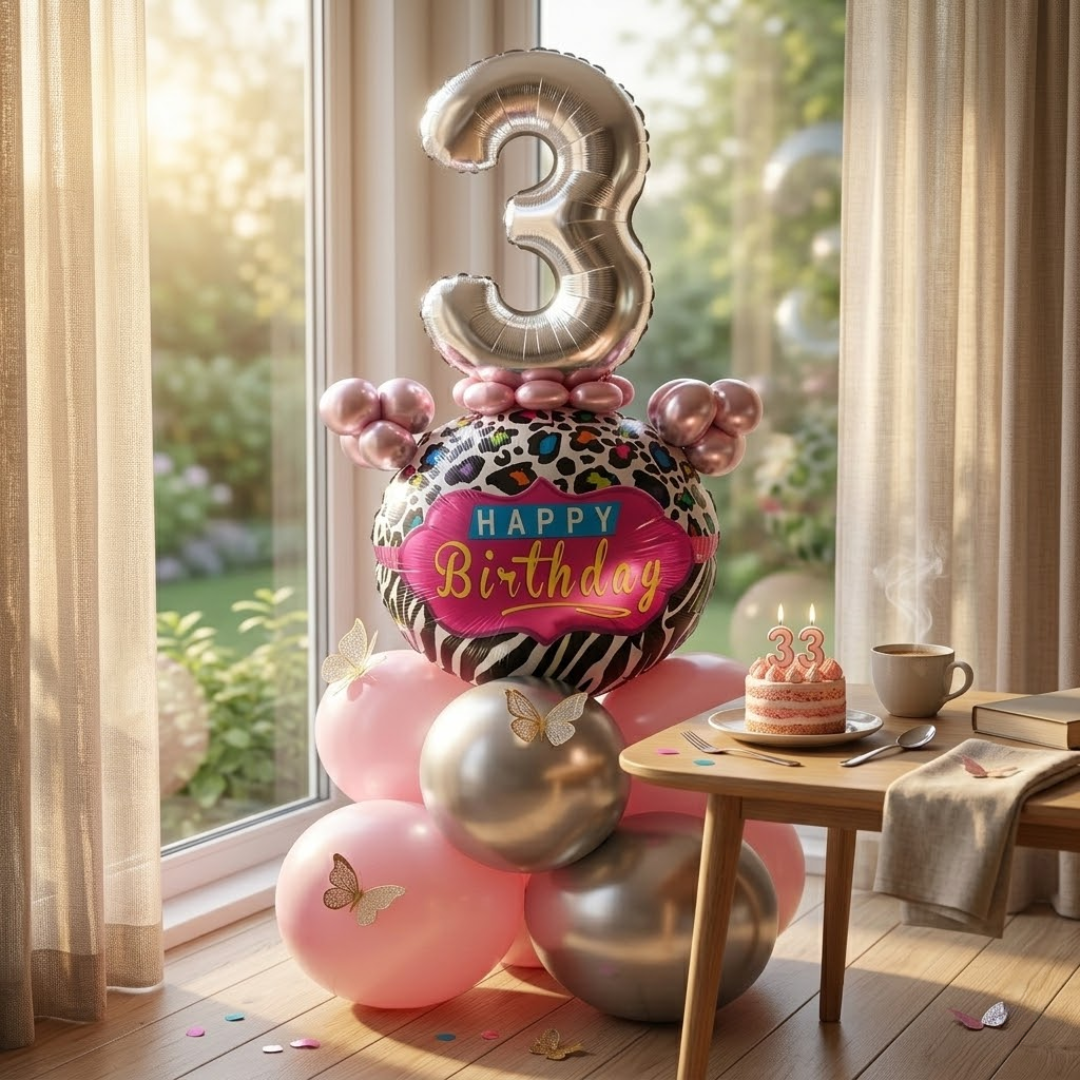 Designer Pink & Silver Balloon Bouquet Arrangement with 3D Butterflies for 3rd Birthday