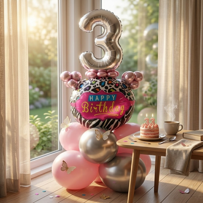 Designer Pink & Silver Balloon Bouquet Arrangement with 3D Butterflies for 3rd Birthday