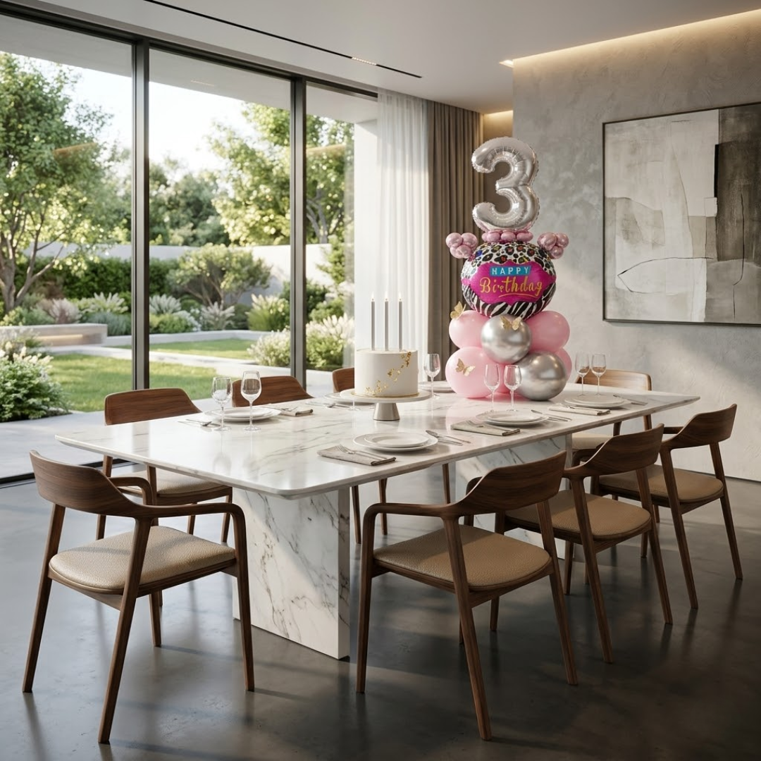 Designer Pink & Silver Balloon Bouquet Arrangement with 3D Butterflies for 3rd Birthday