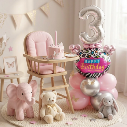 Designer Pink & Silver Balloon Bouquet Arrangement with 3D Butterflies for 3rd Birthday